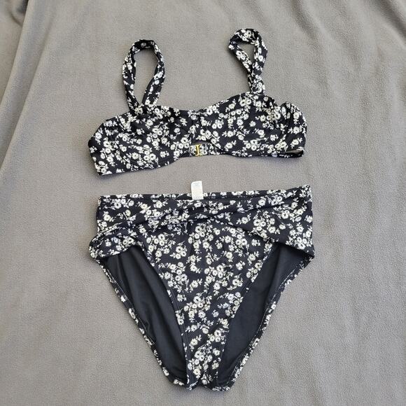 Other Other - FRESHWATER Swimwear Womens Black White Flora Top XXL Bikini Bottom XL 2PC